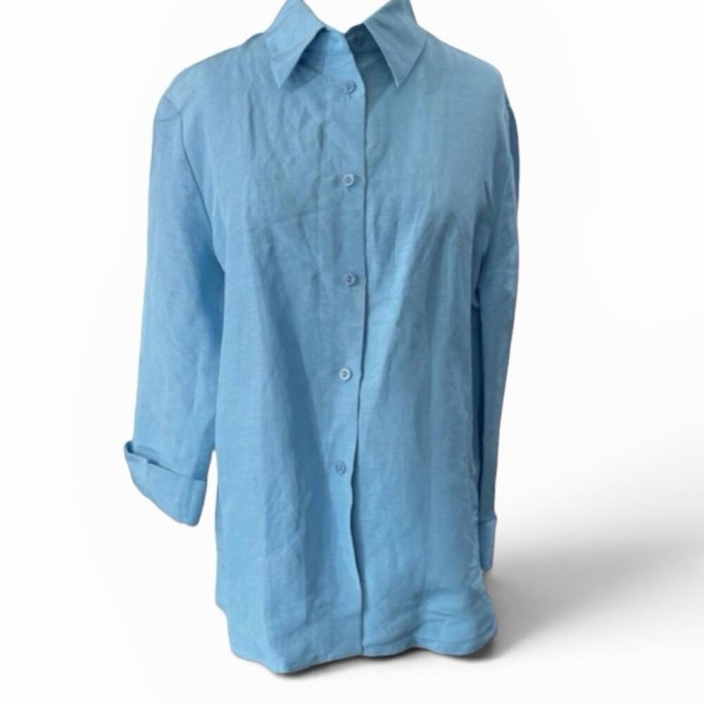 Nygard Linen Silk Blend Button Down Shirt 3/4 Sleeves Blue Embroidery Size 10